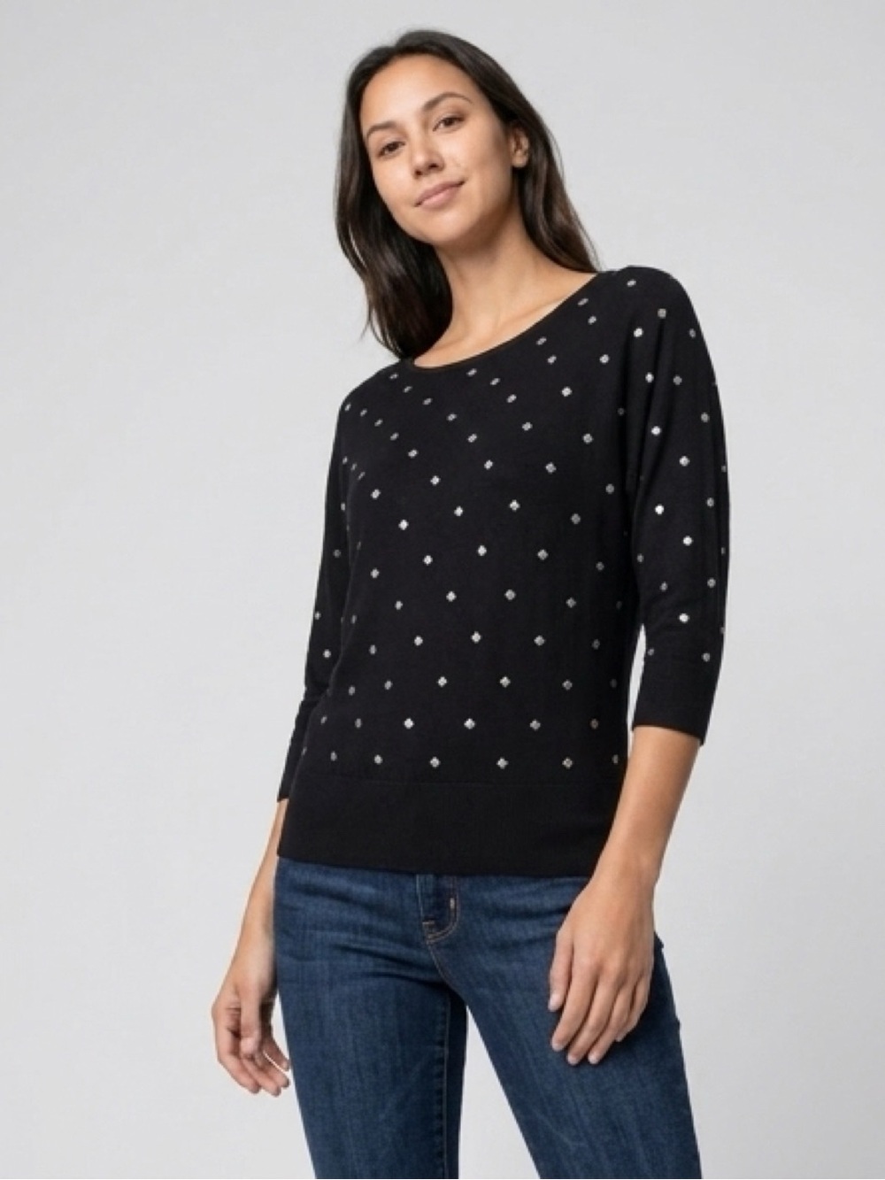 White House Black Market Black Scoopneck Sweater with White Dot Accents